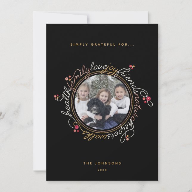 Custom Photo Gratitude Wreath Photo Holiday Card (Front)