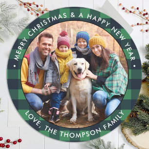 Custom Photo Green Buffalo Plaid Merry Christmas Classic Round Sticker