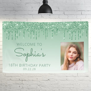 Custom Photo Green Glitter Drip 18th Birthday Banner