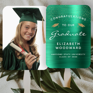 Custom Photo Green Metallic White Gold Graduation Hand Fan