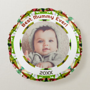 Custom Photo Green Mother’s Day Best Mommy Ever Round Cushion
