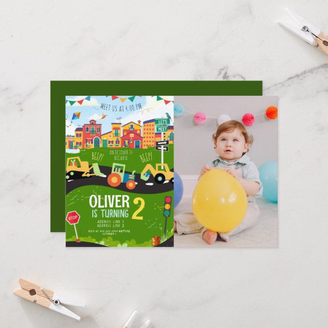 Custom photo, Green tractor birthday  Invitation (Front/Back In Situ)