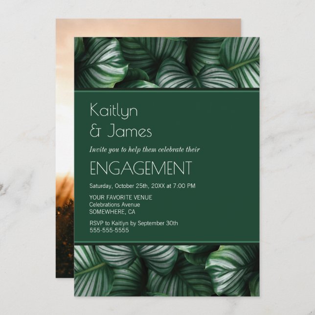 Custom Photo Green Tropical Palm Engagement Party Invitation (Front/Back)
