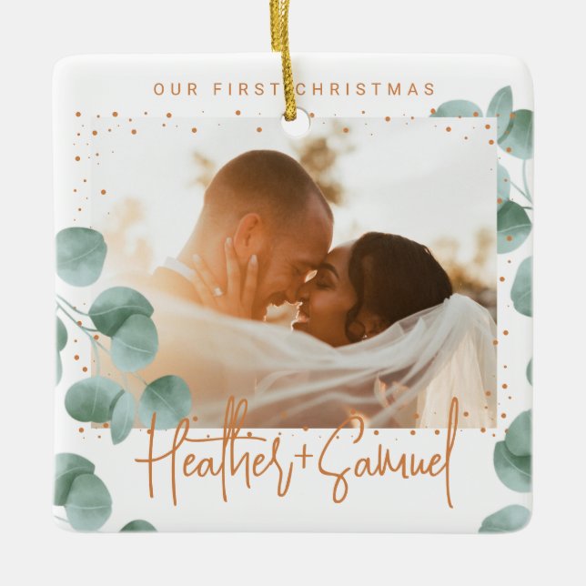 Custom Photo Greenery Merry and Married Photo Ceramic Ornament (Front)