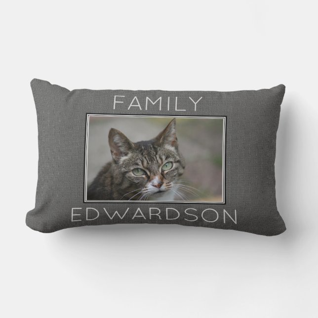 Custom photo grey burlap family monogram name lumbar cushion (Front)