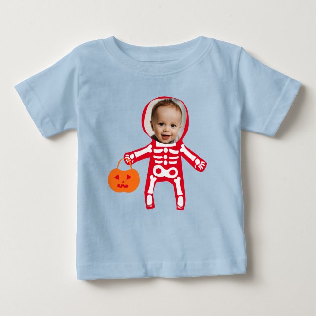 Custom photo Halloween skeleton trick or treat Baby T-Shirt (Front)