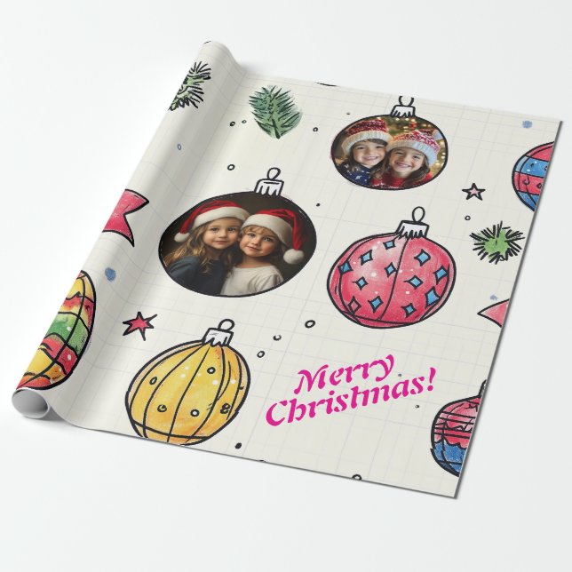 Custom Photo Hand Drawn Christmas Wrapping Paper (Unrolled)
