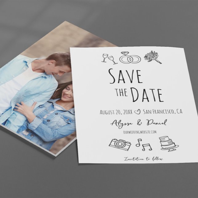 Custom Photo Hand Drawn Minimal Black White (Whimsical hand drawn fun and unique photo wedding save the date cards.)