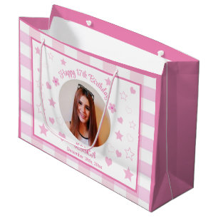 Custom Photo Happy 17th Birthday Pink White Plaid Large Gift Bag