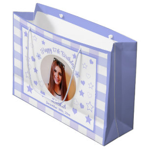 Custom Photo Happy 17th Birthday Purple Blue Plaid Large Gift Bag