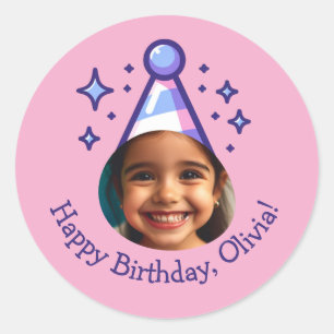 Custom Photo Happy Birthday Party Hat Favours Classic Round Sticker