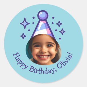 Custom Photo Happy Birthday Party Hat Favours Classic Round Sticker
