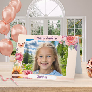 Custom Photo Happy Birthday Pretty Floral Elegant Card