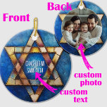 Custom photo Happy Hanukkah✡️, Star of David Ceramic Tree Decoration<br><div class="desc">Introducing the Festival of Lights Star Ornament! This round ceramic ornament features a beautiful Star of David design with the greeting “CHAG URIM SAMEACH!” which translates to “Happy Festival of Lights!” The ornament showcases a blend of blue and earth-toned colours, giving it a warm and festive appearance. The front text...</div>