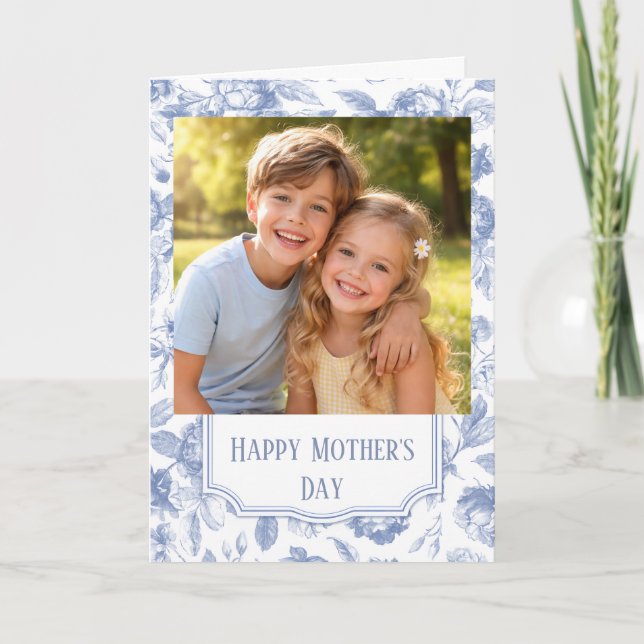 Custom Photo Happy Mother’s Day blue toile Card (Front)