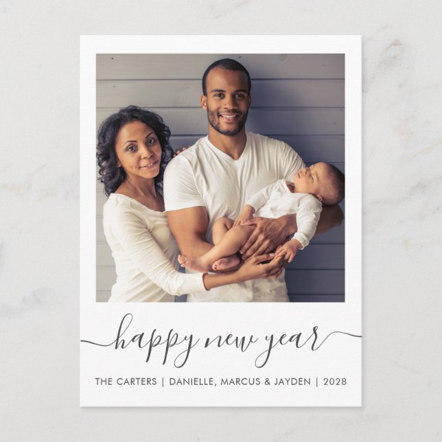 Custom Photo Happy New Year Grey Script Holiday Postcard (Front)
