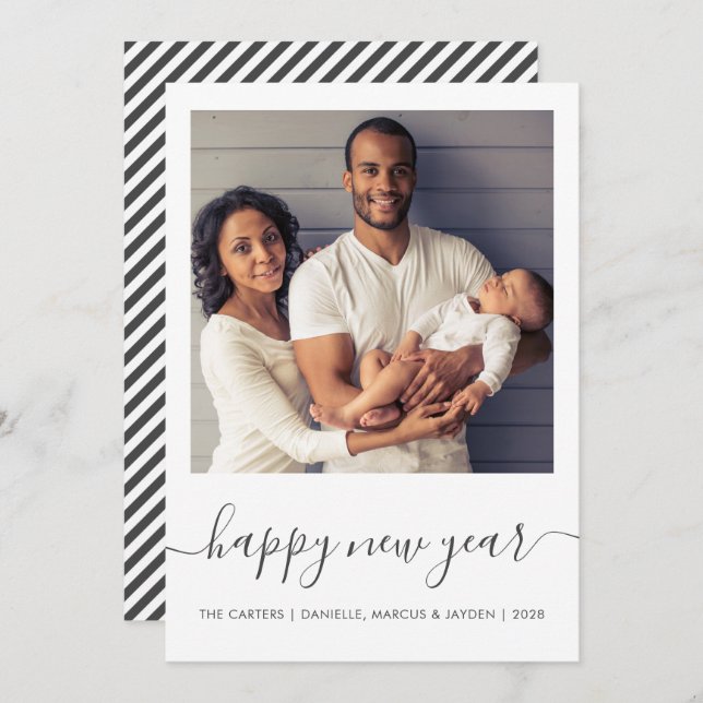 Custom Photo Happy New Year Grey Script Minimalist Holiday Card (Front/Back)