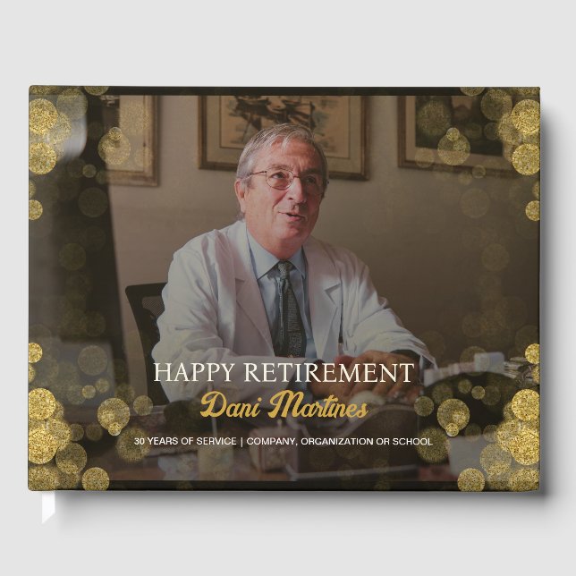 Custom Photo Happy Retirement Gold Confetti  Guest Book (Front)