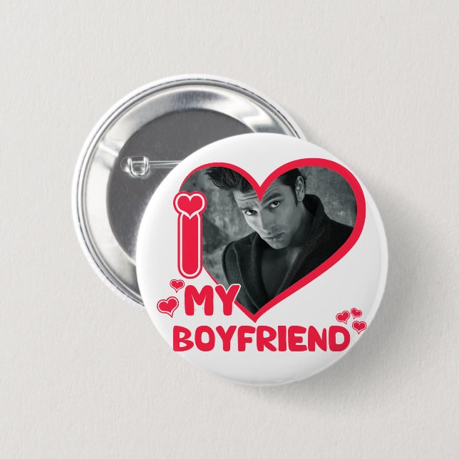 Custom Photo I Love My Boyfriend Heart Valentines 6 Cm Round Badge (Front & Back)