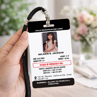 Custom Photo ID Badge for Kids with Emergency Cont
