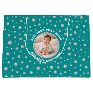 Custom Photo in Pearl Circle on Cyan-Green Large Gift Bag