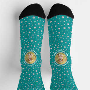 Custom Photo in Pearl Circle on Cyan-Green Socks