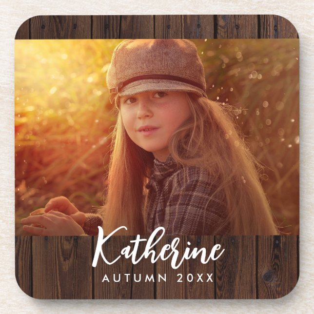 Custom Photo in Rustic Dark Brown Wood Board Coaster (Front)