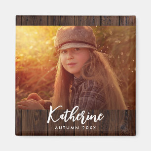 Custom Photo in Rustic Dark Brown Wood Board Magnet