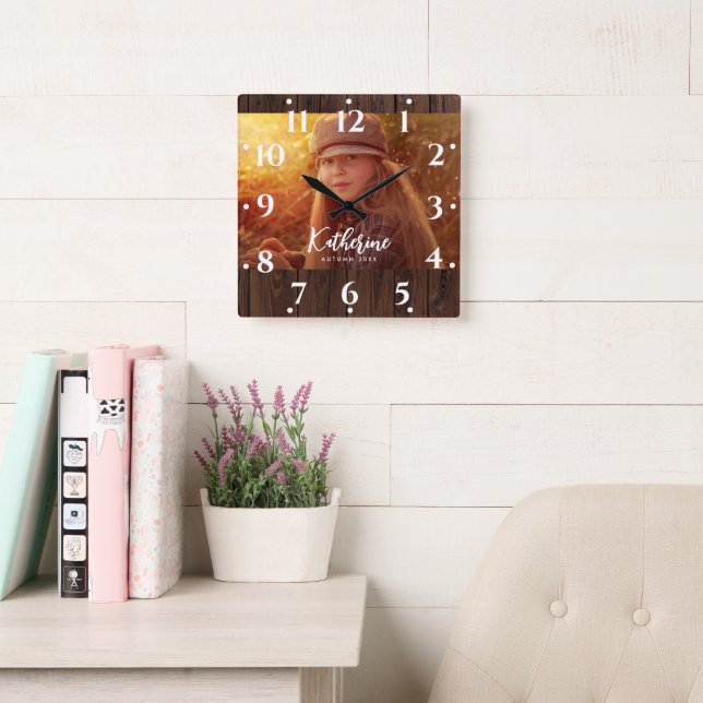 Custom Photo in Rustic Dark Brown Wood Board Square Wall Clock (Reading Room)