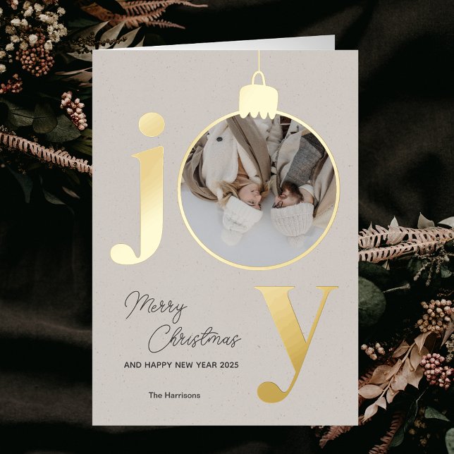 Custom Photo JOY White Christmas Bell Holiday Foil Greeting Card (Custom Photo JOY White Christmas Bell Holiday Foil Greeting Card)