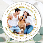 Custom Photo Just Married Elegant Gold Wedding Classic Round Sticker<br><div class="desc">Add the finishing touch to your dog wedding announcements with these custom photo, and personalised 'My Humans Got Married stickers. Customise with your favourite photo,  names and date. COPYRIGHT © 2020 Judy Burrows,  Black Dog Art - All Rights Reserved. Custom Photo Just Married Elegant Gold Wedding Classic Round Sticker</div>