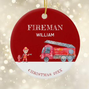 Custom Photo Keepsake Fireman Christmas Firetruck Ceramic Tree Decoration
