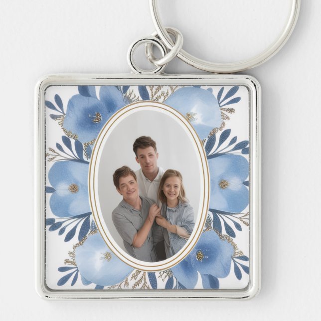 “Custom Photo Keychain – Blue Floral Personalized  (Front)