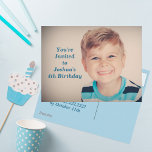 Custom Photo Kids Birthday Party Boy Blue Invitation Postcard<br><div class="desc">Order these personalised kids birthday invitations with customisable fields on the back of the postcard for your child's party location, date, and time. Insert your own child's photograph next to the blue text of their name and age. Add their party information on the black of this custom light blue card....</div>