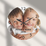 Custom photo kids children names year large clock<br><div class="desc">Add Your own favorite photo of your family,  kids,  children,  friends or pet.  Black numbers.  Personalize and add their names and year,  black letters.
Perfect for father's day,  mother's day or as a birthday or Christmas gift.</div>