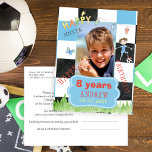 Custom photo kids soccer virtual birthday party invitation postcard<br><div class="desc">Soccer / football boy birthday real or virtual party invitation postcard featuring a funny kid character dressed in sports outfit and colourful typography over a chequered blue,  black and white pattern.                Easy to personalise with your kid's photo,  age,  name and party details on both sides!</div>
