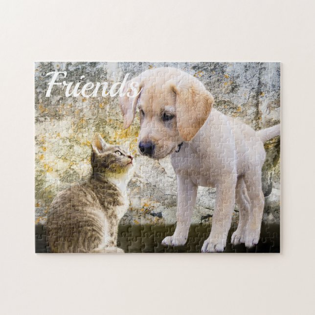 Custom photo, kitten cat & retriever puppy dog, jigsaw puzzle (Horizontal)