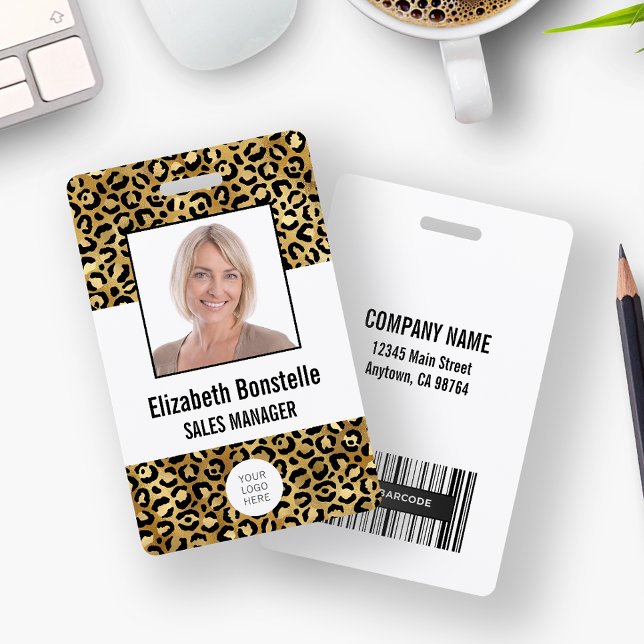 Custom Photo Logo Barcode Gold Leopard Print ID Badge (Creator Uploaded)