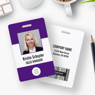 Custom Photo Logo Barcode Modern Purple White ID Badge