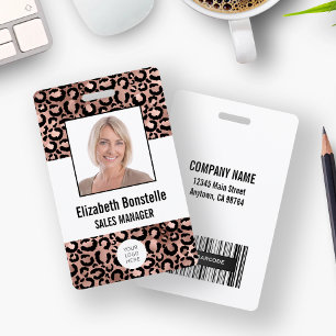 Custom Photo Logo Barcode Rose Gold Leopard Print ID Badge