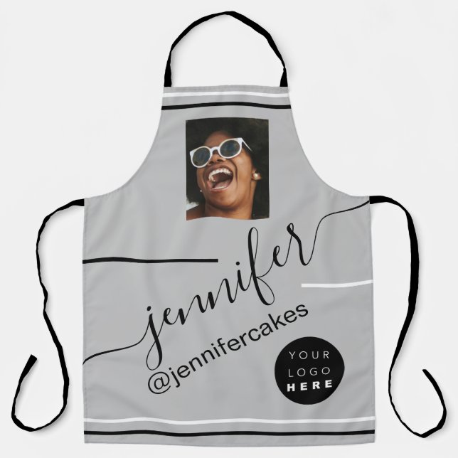 Custom Photo Logo Coffee Shop  Cake Ice Cream Grey Apron (Front)
