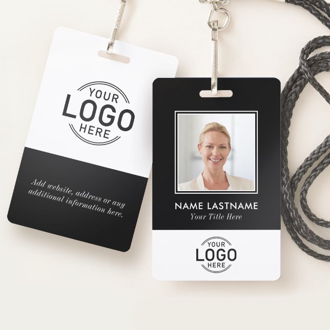 Custom Photo Logo Modern Stylish Black White ID Badge (Front and back side)