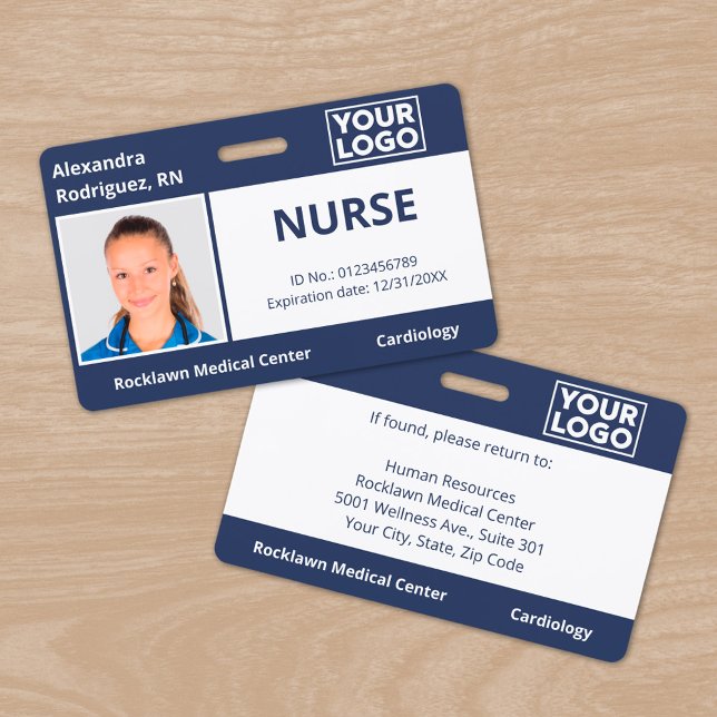Custom Photo Logo Navy Blue Medical Employee ID Badge (Custom Photo Logo Navy Blue Medical Employee ID Badge, front/back)