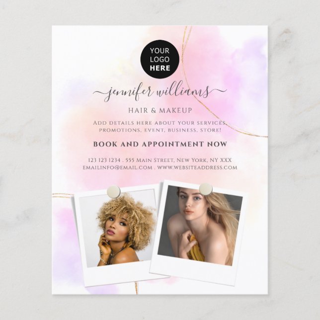 Custom Photo Logo Promotional Gold Pink Watercolor Flyer (Front)