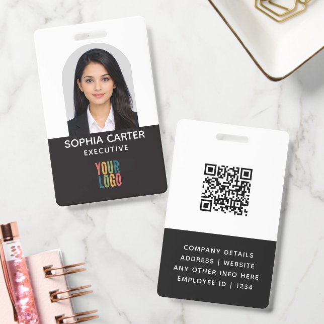Custom Photo Logo QR Code Employee Black ID Badge (Office)