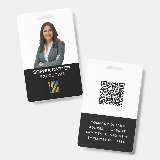Custom Photo Logo QR Code Employee Black ID Badge (Front & Back)