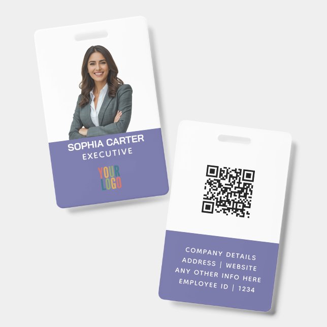 Custom Photo Logo QR Code Employee Purple ID Badge (Front & Back)