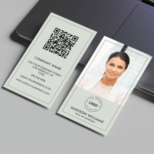 Custom Photo Logo QR Sage Green Business Card