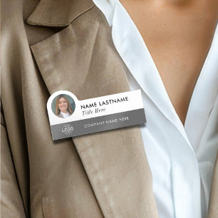 Custom Photo Logo Title Modern Grey White Simple Name Tag