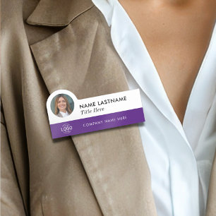 Custom Photo Logo Title Purple White Modern Name Tag